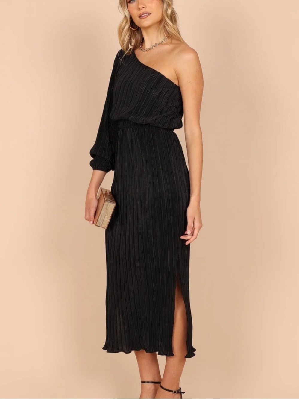 Petal & Pup Black One-Shoulder Pleated Midi Dress